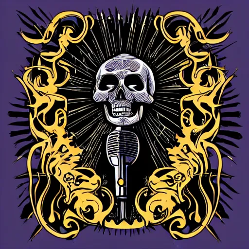 Image similar to dark death metal themed vector illustration of a fantastical menacing ent holding a microphone, skull shaped, award winning, grunge, iconic, golden ratio