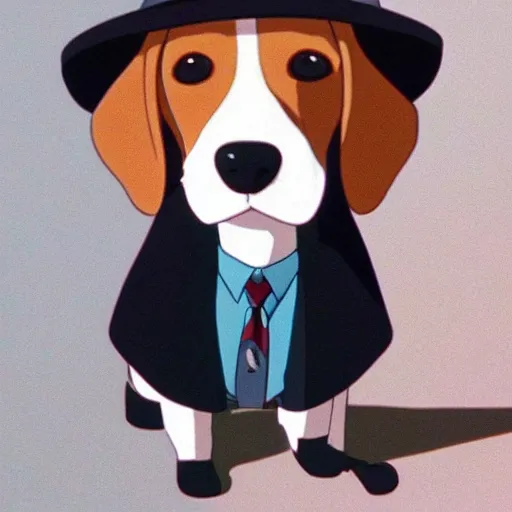 Image similar to a beagle wearing a business suit and fedora, studio ghibli