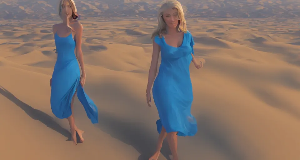 Prompt: a blonde woman in a blue dress walking into the desert in morning, desert dunes, artstation, cgsociety