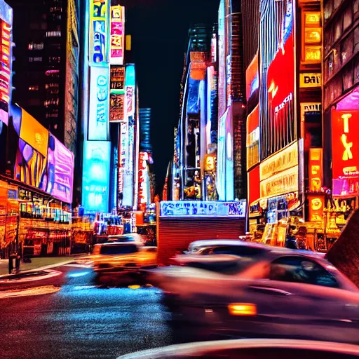 Prompt: color night shot of new york city street scene but it looks like tokyo japan, photorealistic,8k, XF IQ4, 150MP, 50mm, F1.4, ISO 200, 1/160s, natural light