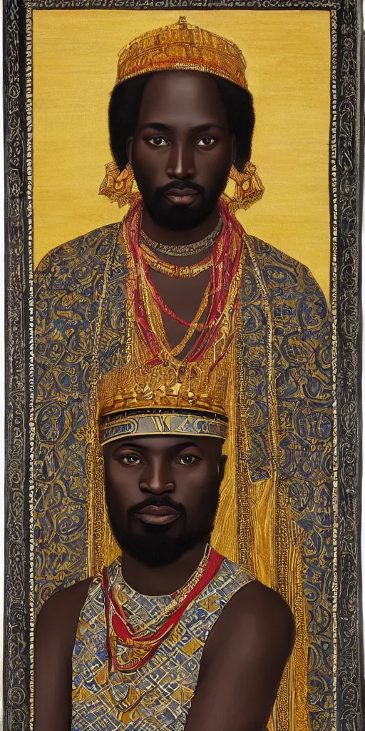 Image similar to a stunning and noble highly detailed romantic period style portrait of Mansa Musa by Josep Tapiró Baró, trending on artstation, oil painting masterpiece, symmetry, African iconography