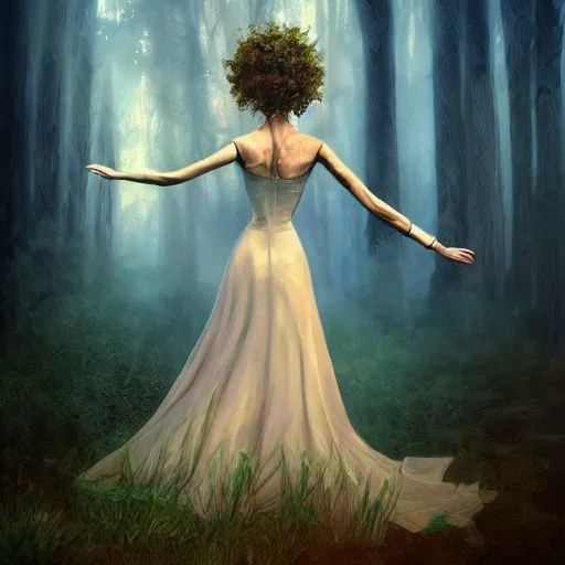 Prompt: stunning elegant lady with intricate jewelry standing arms raised, present in time among a twisted devolved forest, god rays, soft focus, 8k, digital painting with rough brushstrokes, high contrast, instagram .n 4