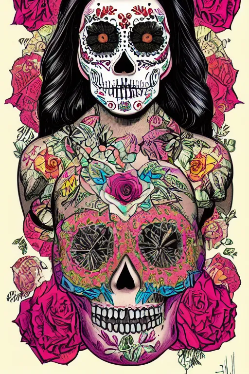 Image similar to Illustration of a sugar skull day of the dead girl, art by jeffrey smith