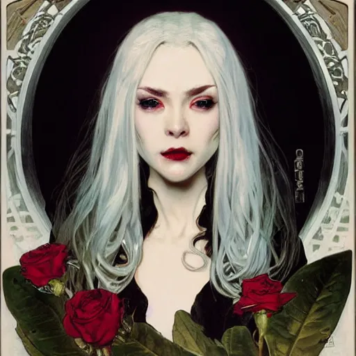Prompt: portrait of a menacing beautiful vampire, top half of body, by Stanley Artgerm Lau , greg rutkowski, thomas kindkade, alphonse mucha, loish, norman rockwell, J. C. Leyendecker. bright white hair, pale skin, angry complexion, detailed eyes, black rose frame. D&D, fantasy, lord of the rings. Trending on artstation rule of thirds extremely detailed old illustration hd 4k