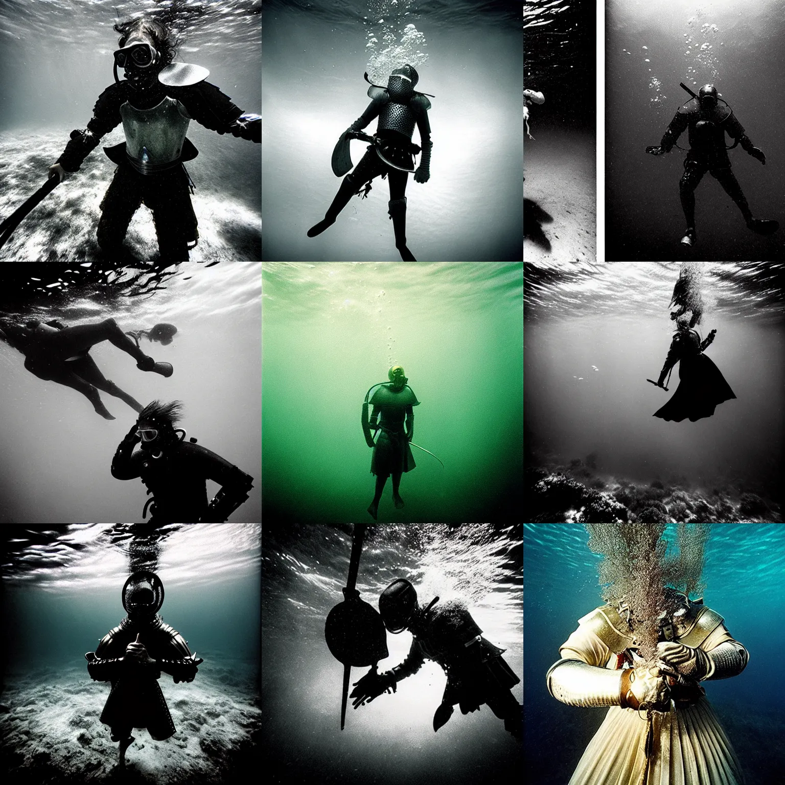 Prompt: Underwater photo of a beautiful medieval knight by Trent Parke, close up, clean, detailed, Magnum photos