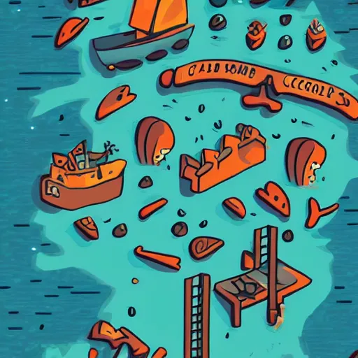 Image similar to a phone background of a sea port in the style of night in the woods the video game with lots of coral and fish and crabs on a bright sunny day