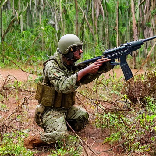 Prompt: military kangaroo firing a machine gun from a dense jungle in rain, marshy land