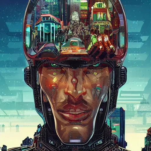 Prompt: portrait of cyborg vikings in a futuristic city by Dan Mumford and Sandra Chevrier, 4k, ultra realistic, artstation trending