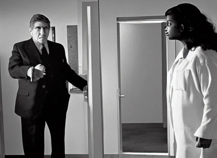 Prompt: cinematic shot of octavia spencer confronts joe manchin in a motel, in the near future, iconic scene from the paranoid thriller sci fi film directed by stanley kubrick, color theory, apartment design, leading lines, photorealistic, volumetric lighting