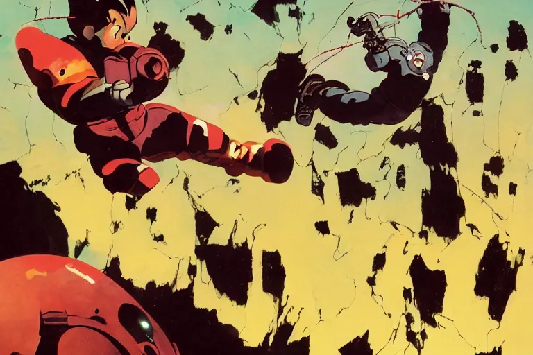 Prompt: full page illustration astroboy destroying the iron giant, by Katsuhiro Otomo, Phil hale, Ashley wood, Ilya repin, frank frazetta, 8k, hd, high resolution print