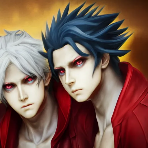 Prompt: Epic rococo painting of two young identical twins males, with white skin, long white hair and red eyes. Wearing red clothes. Middle age. Shin megami tensei style, ultra-detailed. Anime, pixiv, UHD 8K CryEngine, octane render