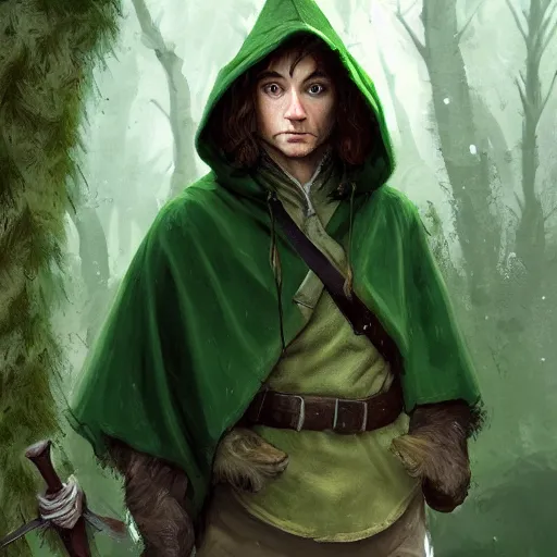 Prompt: a portrait of a handsome hobbit rogue wearing a dark green hood and a cloak in the forest, wearing adventure gear, holding a sword, ultra realistic, detailed, masterpiece, short brown hair, clean shaven, by Tony Sart and Randy Vargas and Greg Rutkowski, trending on ArtStation