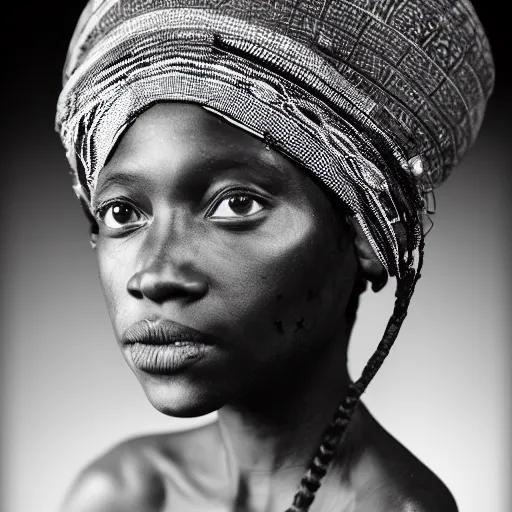 Prompt: vintage portrait of a stunningly beautiful west african tribal female, depth of field, zeiss lens, detailed, symmetrical, centered, fashion photoshoot, by edward s curtis, Annie Leibovitz and Steve McCurry, David Lazar, Jimmy Nelsson, Breathtaking, 8k resolution, extremely detailed, beautiful, establishing shot, artistic, hyperrealistic, beautiful face, octane render