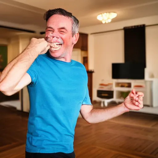 Prompt: a happy english irish middle aged man with brown moptop hair and red cheeks is wearing a blue tshirt and shorts. he dances with his arms excitedly like a chicken in his kitchen