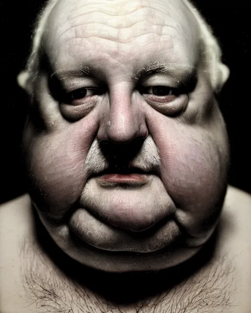 Image similar to an extreme close up portrait a very ordinary overweight old man with an blank expression, by joel peter witkin and sarah moon, very pale skin, very blurry, translucent white skin, foggy, oil painting, photorealistic, anatomically correct, beautiful perfect face, visible brushstrokes, sharp focus, highly detailed, cinematic lighting, 8 k, hd