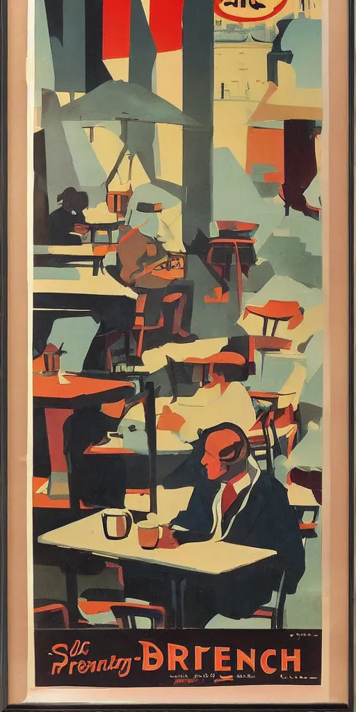 Image similar to A 1950’s poster of a a French artist painting plein air at a coffee shop on street in Paris in art deco style