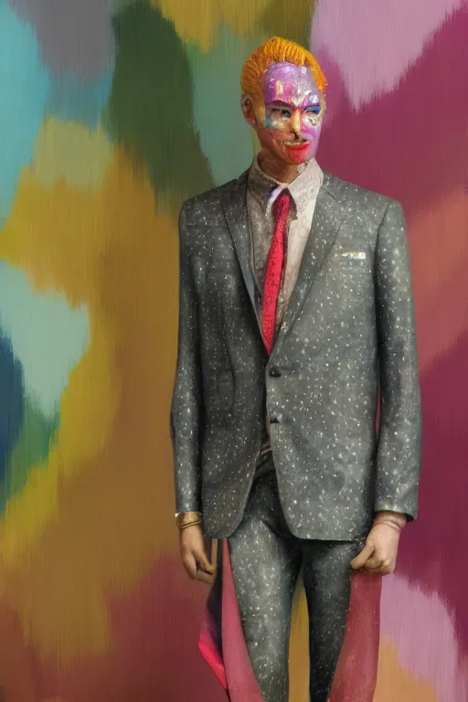 Image similar to a scene with a character wearing a super colorful muted color diy! suit, vivienne westwood!, detailed photoreal render octane render, pointillism, oil on canvas