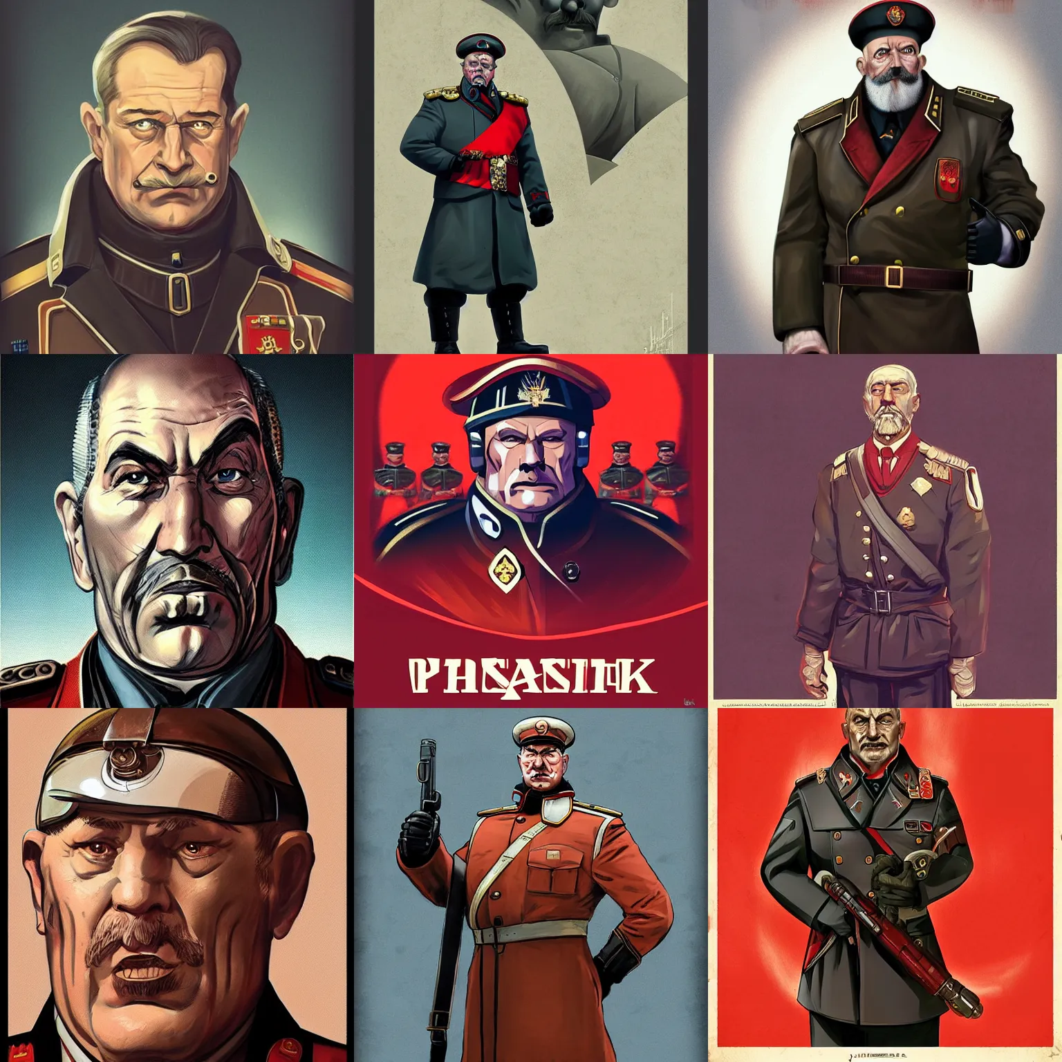 Prompt: a portrait of a stern heavy set older man with a round face and a salt and pepper goatee, elegantly dressed in a russian officers uniform, in the style of a soviet era propaganda poster, cyberpunk dark fantasy art, official fanart behance hd artstation by jesper ejsing