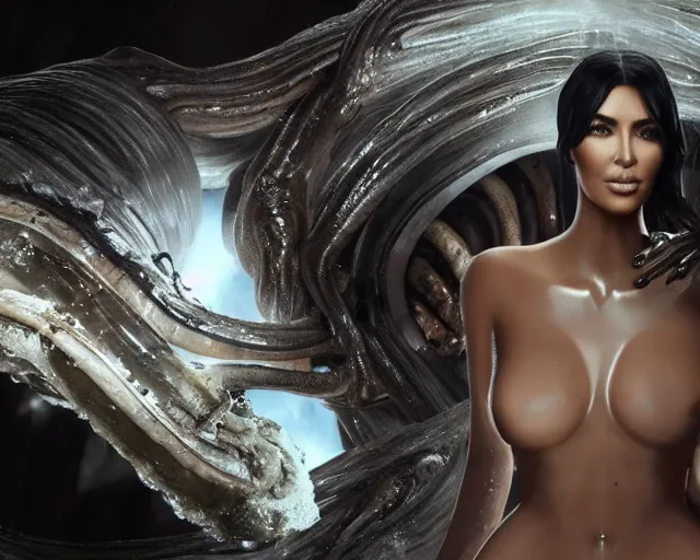 Prompt: film still of kim kardashian being fed by an xenomorph slathered in a transparent alien liquid, wet flowing hair, gooey skin, illustration, unreal engine 5, 8 k, directed by h. r. giger.