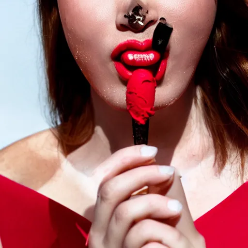 Image similar to a woman with red lipstick eating an ice cream cone extreme closeup