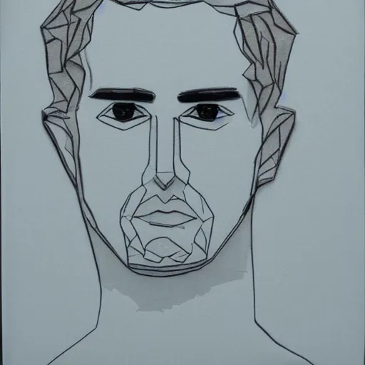 Image similar to a face of a man with wavey medium short hair made from layered paper, 2D, flat minimalistic, ambient light