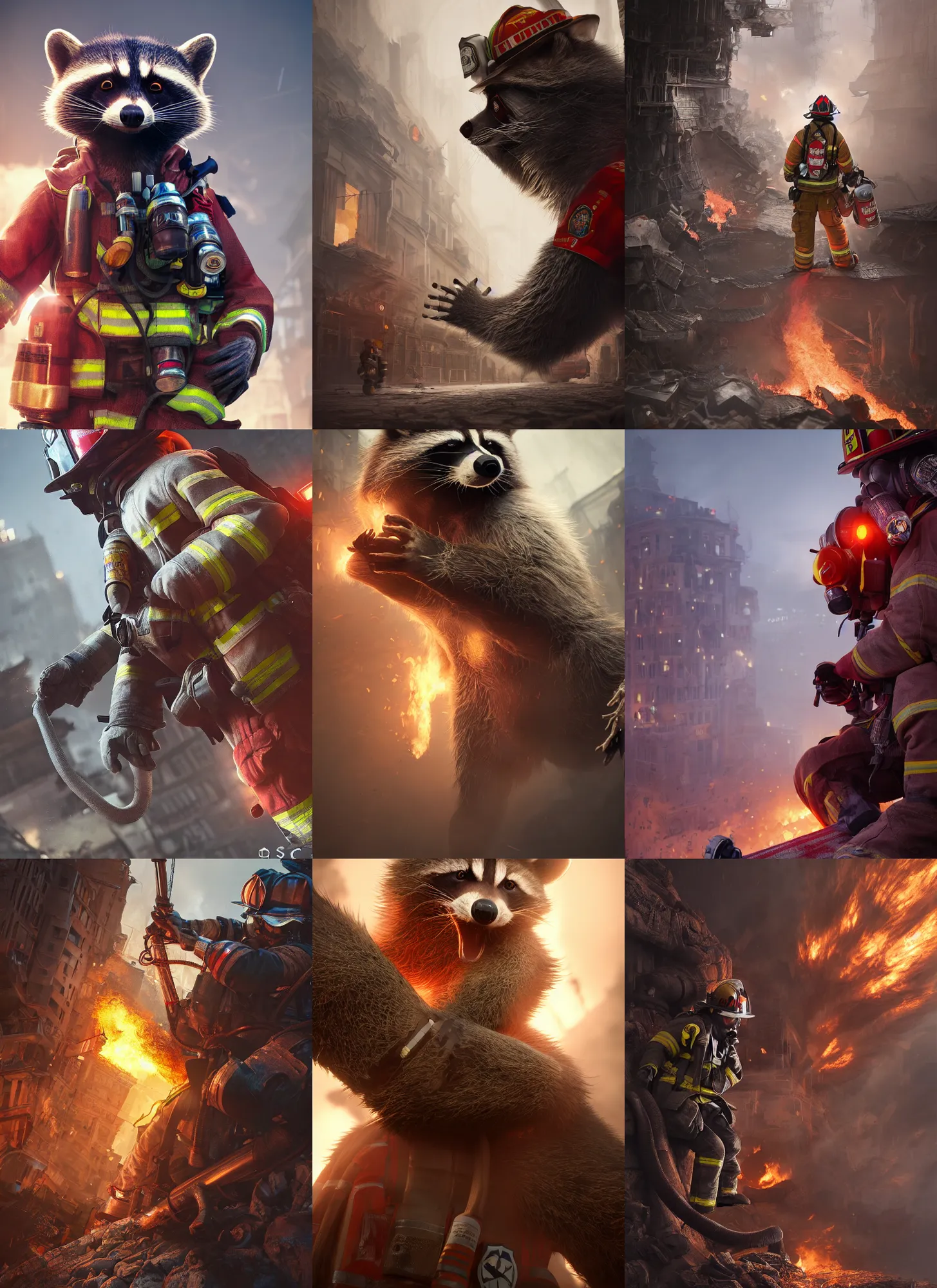 Prompt: racoon firefighter, intricate detail, volumetric lighting, epic composition, hyper detailed, ultra realistic, sharp focus, octane render, volumetric, ray tracing, artstation trending, cgsociety, sense of awe, 4 k