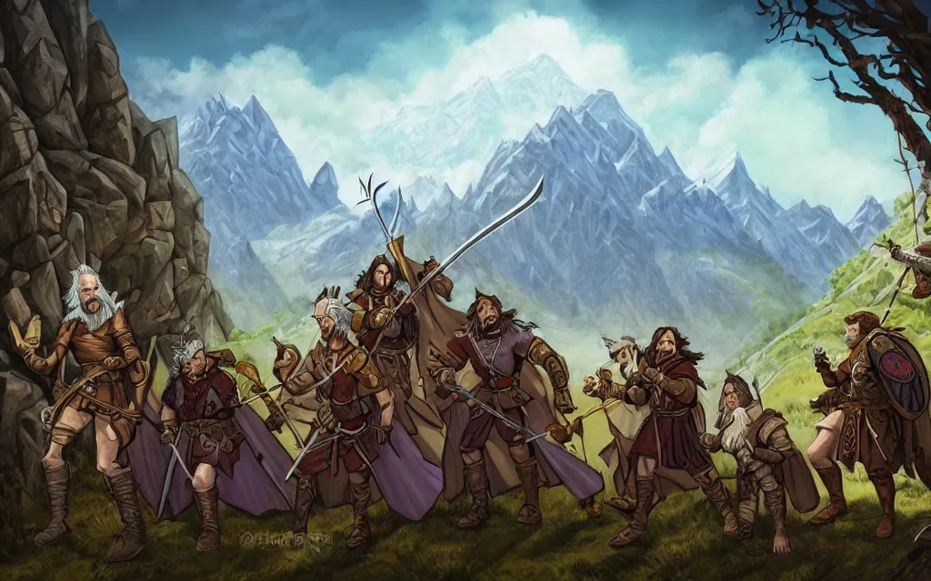 Image similar to DnD party with a wizard, knight, rogue, druid, bard, adventuring across vast rugged mountain range, long sightline, LOTR fantasy illustration