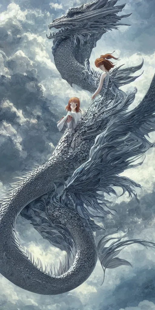 Image similar to the beautiful hyper detailed scene render that a beautiful girl lies in the arms of a huge silver white dragon alone in the fairyland surrounded by white clouds, finely detailed angelic face delicate features, style of studio ghibli, makoto shinkai, raphael lacoste, louis comfort tiffany, artgerm, james jean, ross tran, animation style, hd, ultra wide angle