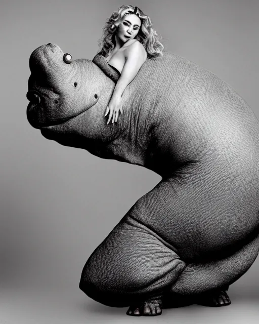 Prompt: singer Madonna as an anthropomorphic Hippo, photorealistic, photographed in the style of Annie Leibovitz