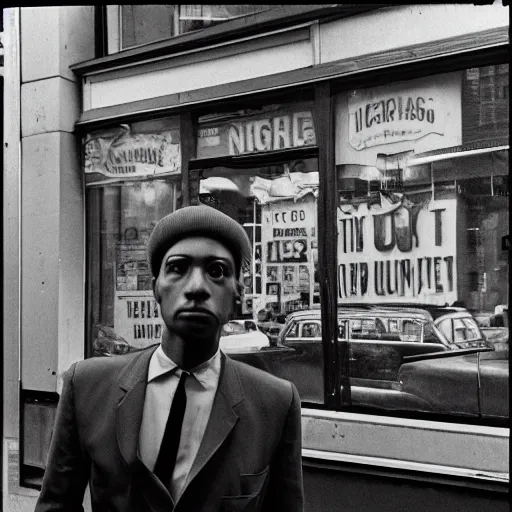 Prompt: analog medium format street photography portrait of a man in front of store window in new york, 1 9 6 0 s, highly detailed lifelike man portrait photograph, photographed on colour expired film