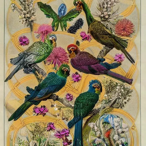 Image similar to beautiful elegant ernst haeckel fauna illustration of many greek cheek conures and flowers