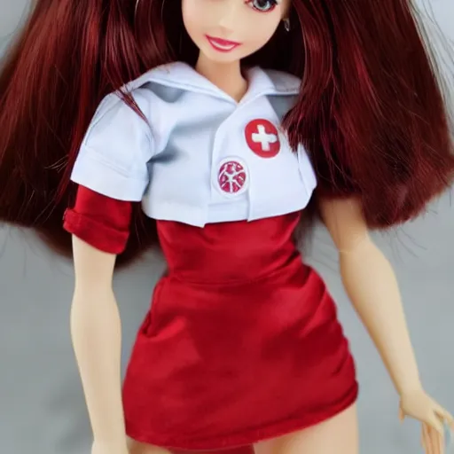 Image similar to anime barbie doll, 5 dolls, doctor suit, playboy, leather, in red velvet stockings, a nurse's dress, full length, heels on her feet