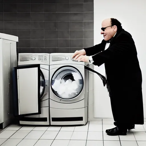 Image similar to danny devito as the penguin batman returns doing laundry ( sony a 7 r iv, symmetric balance, polarizing filter, photolab, lightroom, 4 k, dolby vision, photography awardm, voque, perfect face )