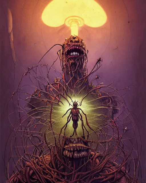 Image similar to the platonic ideal of flowers, rotting, insects and praying of cletus kasady carnage thanos davinci dementor wild hunt chtulu mandala spirited away doctor manhattan bioshock, fantasy, ego death, decay, dmt, psilocybin, concept art by randy vargas and greg rutkowski and zdzisław beksinski