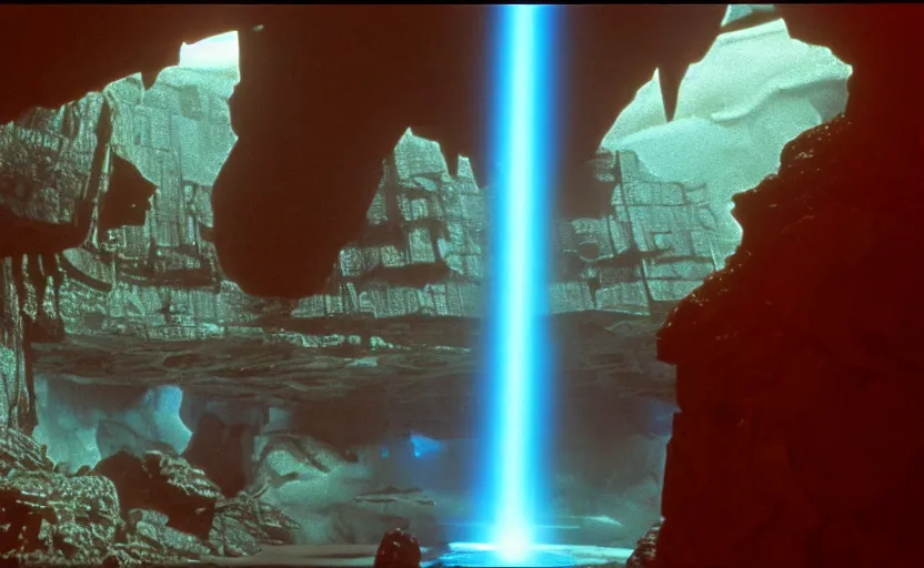 Image similar to iconic cinematic screen shot of star destroyer waterfall canyon planet, from the action packed scene from the 1 9 7 0 s star wars sci fi film by stanley kubrick, glowing lasers, kodak film stock, anamorphic lenses 2 4 mm, lens flare, iconic cinematography, award winning