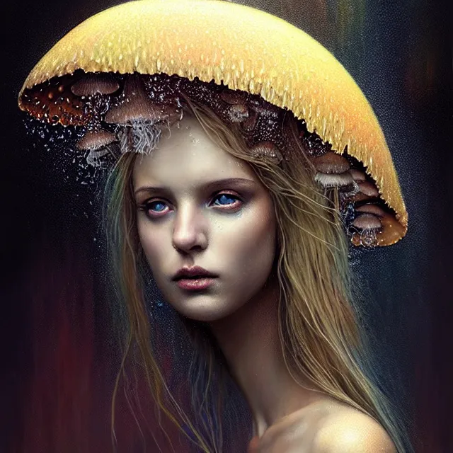 Image similar to bright portrait surreal mushrooms rain on face and wet hair, diffuse overhead lighting, fantasy, intricate, elegant, dramatic lighting, highly detailed, lifelike, photorealistic, digital painting, artstation, illustration, concept art, smooth, sharp focus, art by John Collier and Albert Aublet and Krenz Cushart and Artem Demura and Alphonse Mucha