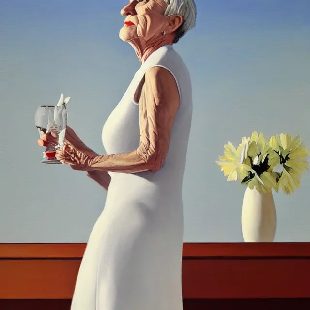 Prompt: a painting of a stunning middle aged woman in a white dress, a photorealistic painting by julio larraz, trending on cg society, figurative art, hyper realism, oil on canvas, detailed painting, eerie, liminal, subtle