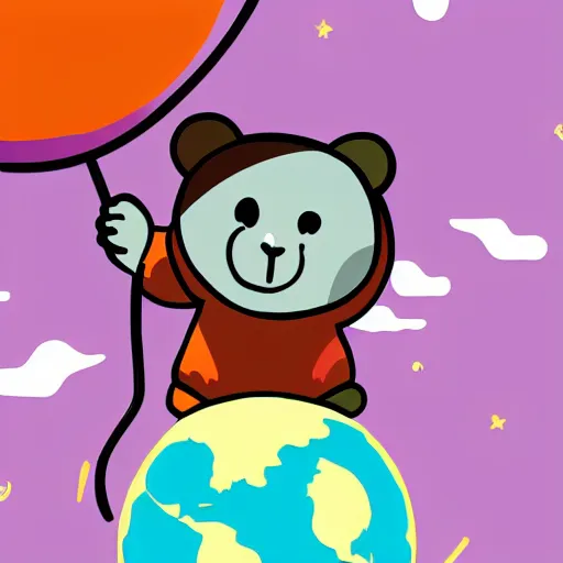 Image similar to cartoon animated illustration of a bear mascot being launched from a futuristic marble planet, purple and orange cloudland