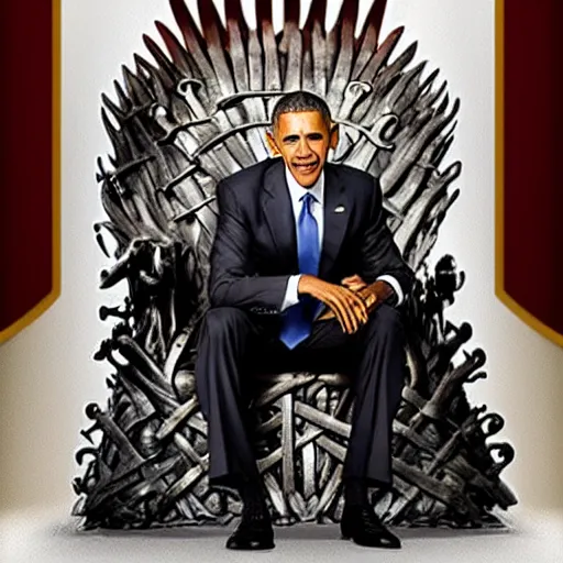 Prompt: barrack obama, sitting on the iron throne, eating a burger, anatomically correct