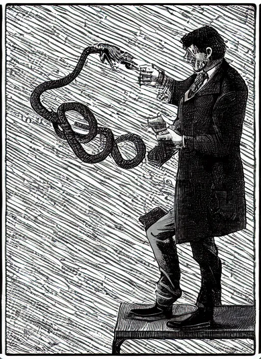 Prompt: snake oil salesman by Paolo Eleuteri Serpieri