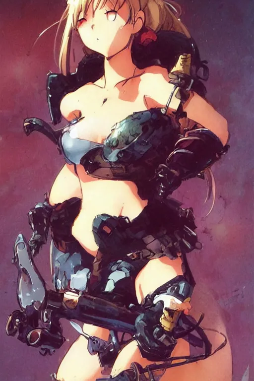 Prompt: a cute anime woman by frank frazetta and ross tran