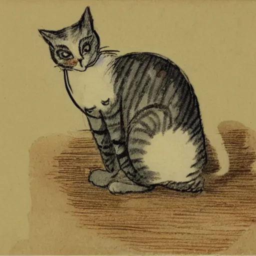 Image similar to Edward Ardizzone illustration of a cute cat