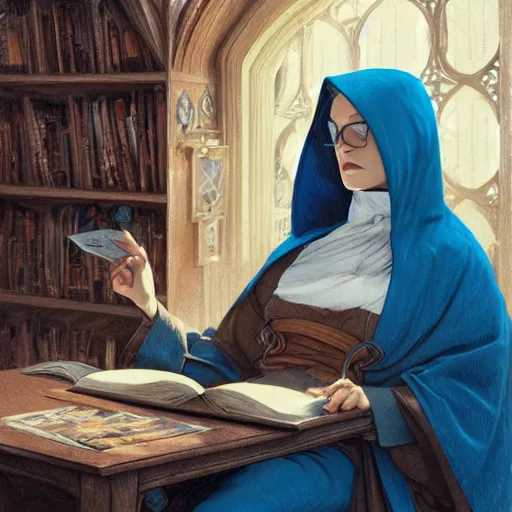 Image similar to a female wizard with brown hair wearing a blue hood and blue robe sitting at a wooden desk reading a book with bookcases behind her, fantasy, highly detailed, digital painting, artstation, concept art, character art, art by greg rutkowski and tyler jacobson and alphonse mucha