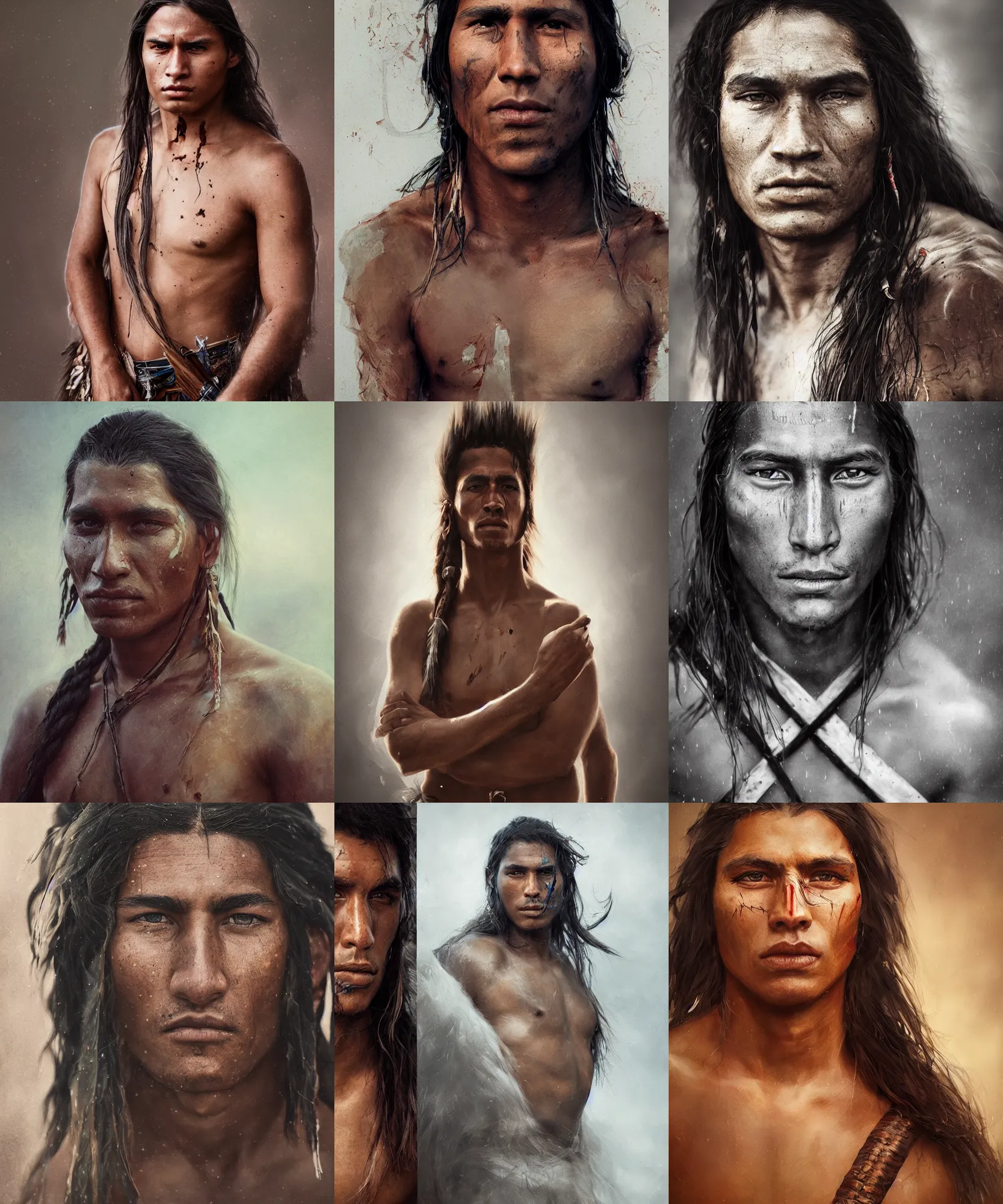Prompt: a portrait of a handsome battle worn barefoot native american warrior, by wlop and jovana rikalo and nick silva, modern cloth, on artstation, light source from the left, cartoon style