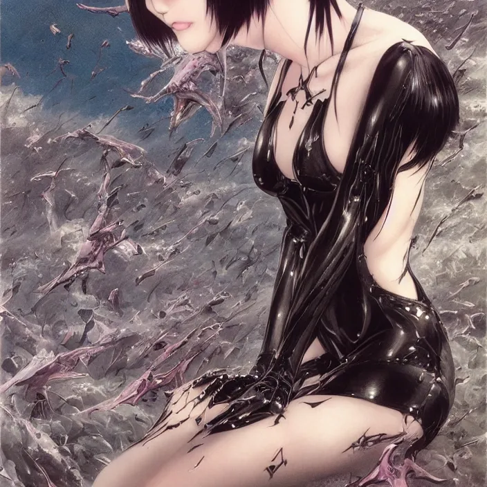 Prompt: cruel korean goth girl, cute, full body, spikes, latex, rubber, anime aesthetic, chibi, hyperrealistic, detailed, smooth, very smooth, brushwork, digital painting, sharp focus, concept art, fantasy, by junji ito, by bruce pennington, by annie leibovitz