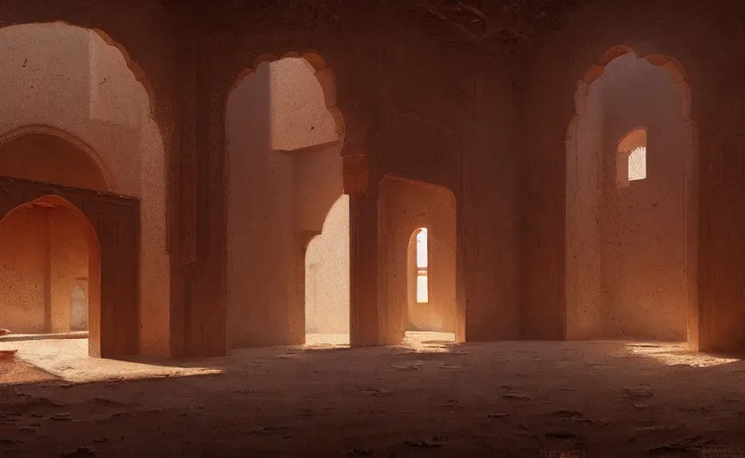 Prompt: Interior shot painting of an interior Moroccan Castle in the middle of desert with dunes by Greg Rutkowski and Craig Mullins, Dark atmospheric sad and cinematic lighting, Trending on artstation
