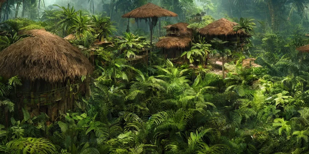 Image similar to tropical jungle, wall wood fortress, ((borderland style)), Hyperrealistic CGI, Photorealistic, plants environment, wide angle, establishing shot, cinematic lighting, atmospheric, realistic, octane render, highly detailed, color graded, matte painting in the style of craig mullins