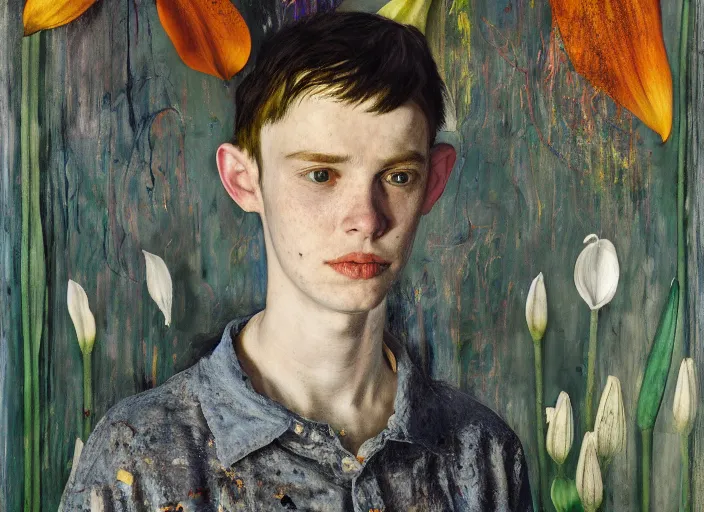 Image similar to portrait of nervous boy with in a room with an acoustic guitar standing next, wall paper field of lily's, hernan bas and pat steir and hilma af klint, psychological, photorealistic, dripping paint, washy brush, rendered in octane, altermodern, masterpiece