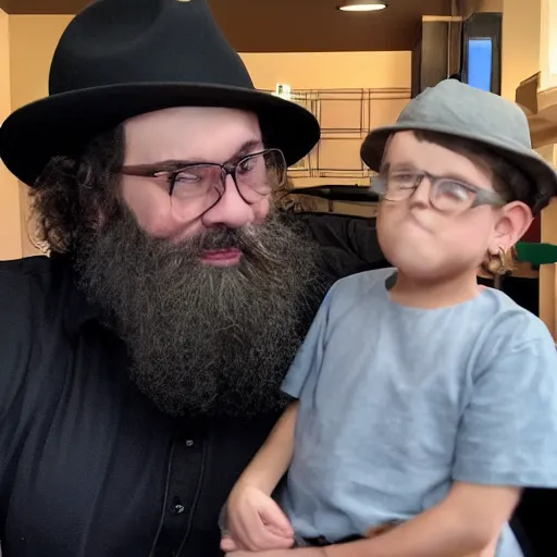Image similar to discord moderator with a beard and fedora approaching a child