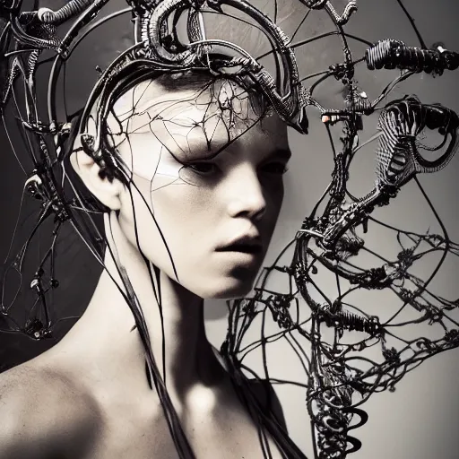 Image similar to a female model by stefan geselle and nekro borja, photorealistic, biomechanical, intricate details, hyper realistic, mechanical, wires, cables headpiece, dark beauty, photorealistic, canon r 3, photography, wide shot, photography, dark beauty, symmetrical features